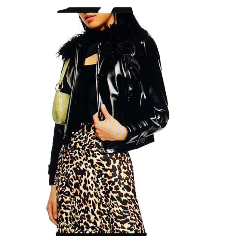 TOPSHOP Lisa Vinyl cropped Jacket Womens 12 Faux Mongolian wool collar Black NEW